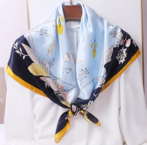 100% Silk 34“ large Square Scarf Women Shawl Wrap floral blue yellow MY171-17 - Picture 1 of 3