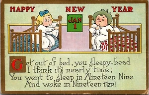 New Year Postcard Boy and Girl Wake Up to See Calendar Change to Jan 1 - Picture 1 of 2