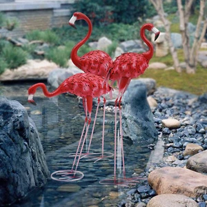 3pcs Flamingo Statue Pink Flamingos Metal Art Garden Statue Home Decor - Picture 1 of 20