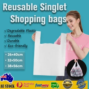 Reusable Plastic Singlet Shopping Bags Grocery Checkout Carry Heavy Degradable - Picture 1 of 31