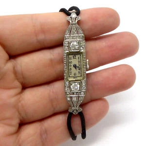 NYJEWEL Antique Art Deco 14k White Gold Diamonds Ladies Bracelet Wrist Watch Run - Picture 1 of 8