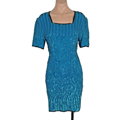 Stenay Vintage 80s Turquoise Blue Sequin Prom Party Formal Mini Dress size 10 - Image 1 of 4