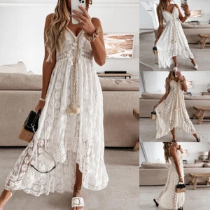 Mujeres Espalda Sin Mangas Bohemio Encaje Cuello en V Mini Vestido Largo Solero - Imagen 1 de 10