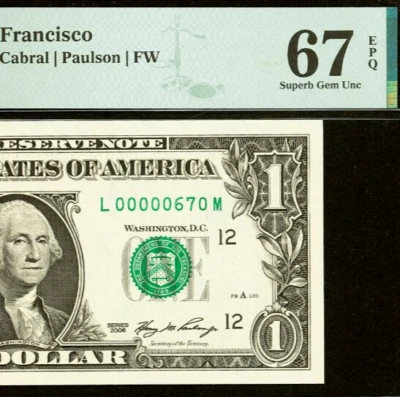 2006 $1 FRN San Francisco PMG Gem 67EPQ - Birthday Low Serial Number 00000670 - Image 1 of 3