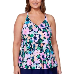 Island Escape Underwire Floral Tankini Swim Top Navy Blue Pink 20W - Picture 1 of 6