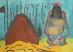 Vintage gouache painting still life with goblet and gas lamp