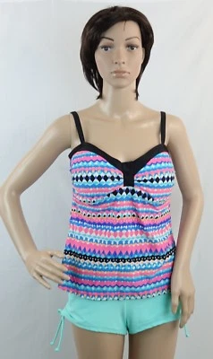 Tankini AQUA COUTURE estampado geográfico top y corbata túnel verde sólido natación niño pantalones cortos, talla L Foto 1 de 4