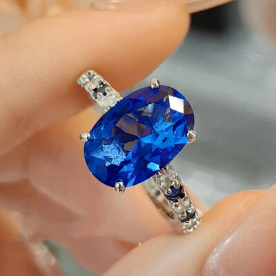 New Oval Shape High Carbon Spinel Blue Topaz Gemstone Charm Women Silver Rings - Image 1 of 4