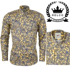 Camisa Relco Para Hombre Amarilla y Azul Manga Larga Paisley Floral Cuello Abotonado - Imagen 1 de 4