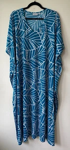 Joan Rivers Classic Women 1XP Long Kaftan Dress BLUE TEAL & WHITE - Picture 1 of 4