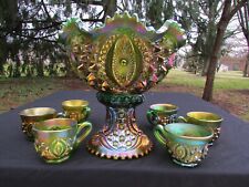 Northwood MEMPHIS ANTIQUE CARNIVAL GLASS COMPLETE 8 PC. PUNCH SET~GREEN!!! 