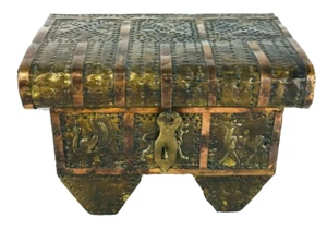 Hammered Tooled Brass Copper Wood Cricket Antique Trinket Box Chest on Wheels - Picture 1 of 12
