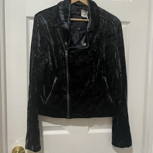 American Eagle Crushed Velvet Moto Jacket Black Women L Zip Biker Style Y2K Chic - Bild 1 von 13