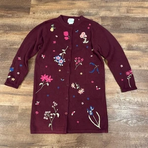 Quacker Factory Floral Embroidered Long Burgundy Cardigan Duster Cottage FLAWS - Picture 1 of 14