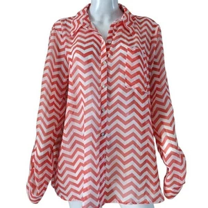 No Boundaries Button Up Shirt Women XXL 19 Peach Sheer Chevron Roll Tap Sleeves - Picture 1 of 10