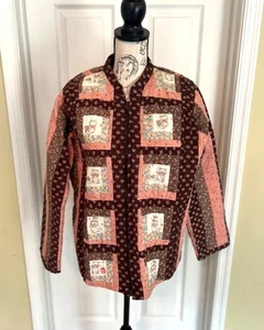 Vintage Handarbeit Steppjacke braun rosa Blumen Katze Maus Reißverschlusstaschen Landhaus - Bild 1 von 11
