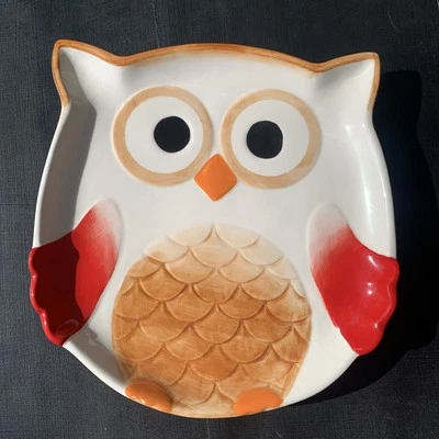 Plato de cerámica Harry & David Owl blanco con rojo 8x8 ¡Adorable! Foto 1 de 4
