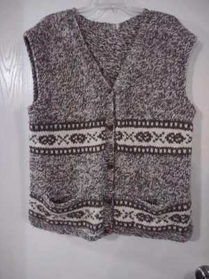 Suéter Hecho a Mano Chaleco Bolsillos Botones Abuela Crochet Marrón y Blanco Raro Encontrar Foto 1 de 4