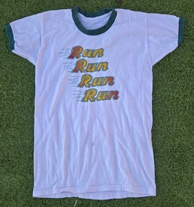 vintage 70s 80s Run T-Shirt Ringer single stitch SZ L/XL Stains - Picture 1 of 5