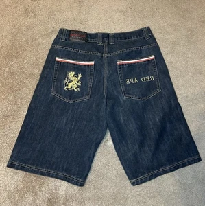 Red Ape Denim Shorts - Size 36 Lion Embroidered Pockets - HipHop Y2K - Picture 1 of 17