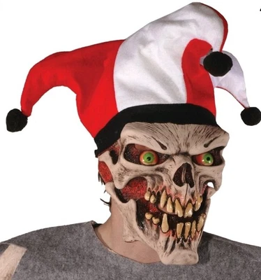 ADULT SKULL EVIL SCARY JESTER CLOWN HAT LATEX MASK COSTUME  - Image 1 of 4