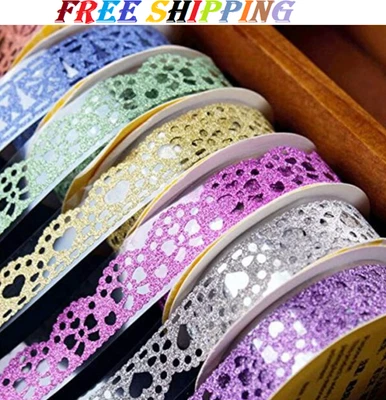 SallyFashion Lace Washi Tape 6 Roll Lace Pattern Glitter Bling Self-Adhesive ... Foto 1 de 4