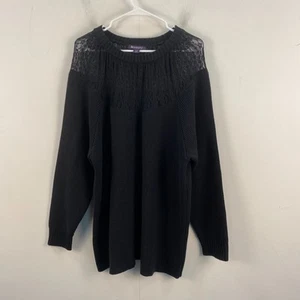 Roamans Womens 1X 22/24 Top Sweater Rib Knit Black Lace Bodice Pullover 12179 - Picture 1 of 6