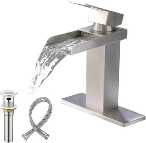 Bathroom Sink Faucet, Single Hole Bathroom Faucet, Brushed Nickel Waterfall Bath - Picture 1 of 12