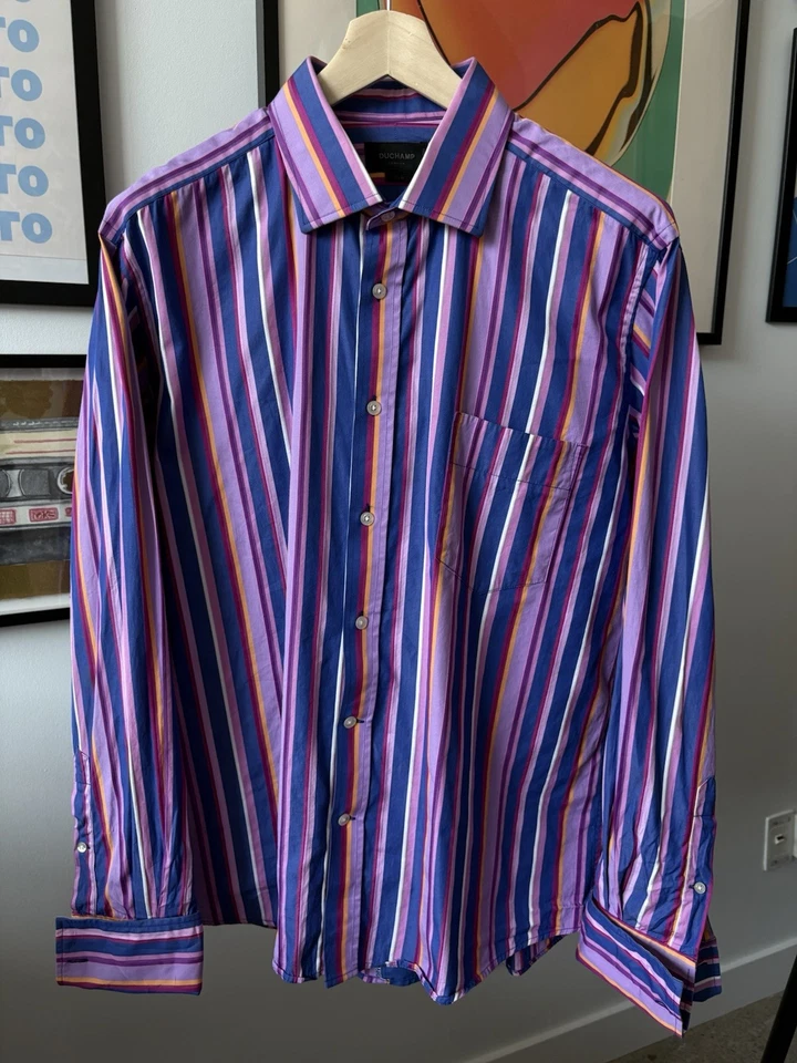 Duchamp London Y2K Dress Shirt Multi Stripe Made in Italy French Cuff Size 18/45 - Image 1 of 4