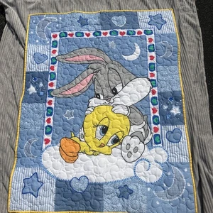 Vintage 90s Baby Looney Tunes Quilt Sleeping Bugs & Tweety 44”X 34” Handmade - Picture 1 of 11