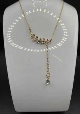 Halskette Strass Steine Kristall Glitzer Zirkonia Damen Schmuck Gold Blatt Kette - Bild 1 von 4