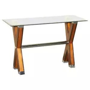 CONTEMPORARY DESIGNER CHROME TIPPED BEECH & GLASS X FRAMED CONSOLE TABLE - Picture 1 of 12