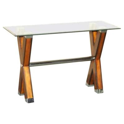 CONTEMPORARY DESIGNER CHROME TIPPED BEECH & GLASS X FRAMED CONSOLE TABLE  - Image 1 of 4