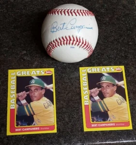 Bert Campaneris Autograph Baseball & 2 1990 Swell Baseball Greats Cards - Picture 1 of 5