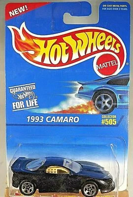 Tarjeta de coleccionista Hot Wheels 1996 azul/blanco #505 1993 Camaro negra con rueda de 5 radios Foto 1 de 4