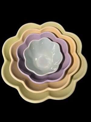 Tag Bowls Set of Four Purple Green Yellow Blue Flower Petal Design - Image 1 of 4