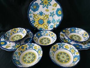 Nicole Miller Blue Yellow Floral Melamine Cereal Bowls Set 5 and 3 Dinner Plates
