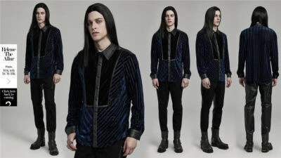 Punk Rave Men Black And Blue Gothic Punk Striped Velvet Spliced Fitted Blouse - Image 1 of 4