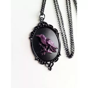 Purple Iridescent Raven Crow Gothic Rockabilly Cameo Black Necklace Pendant NEW - Picture 1 of 6