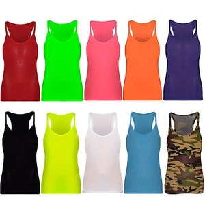 Girls Vest Tops Stretch Plain T-Shirt Sleeveless Dance School Age 5-11 White - Picture 1 of 17