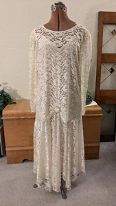 JCPenney vintage ivory sand lace 80s 20s retro tier dress wedding MOB 11/12 EUC - Picture 1 of 9