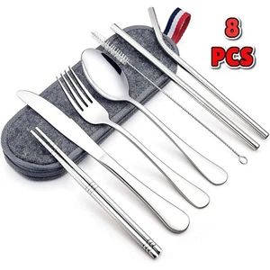 8-teiliges Reiseutensilien Set mit Etui - Edelstahl Wiederverwendbar Silberbesteck - Bild 1 von 6