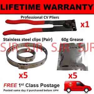 CV BOOT CLAMPS PAIR INNER & OUTER x5 CV GREASE x5 EAR PLIERS x1 KIT 4.5 - Picture 1 of 1