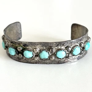 Brazalete Vintage Plata de Ley 925 Turquesa Nativo Americano Grabado 6.5" - Imagen 1 de 11