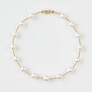 5.5-6mm White Akoya Pearl Bracelet &14K Yellow Gold Magnetic Clasp,Carved tubes - Picture 1 of 6