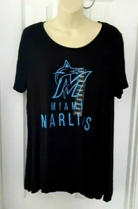 MIAMI MARLINS Womens Top Size Large Black Knit Shirt Stretchy Soft Teal Logo New - Picture 1 of 3