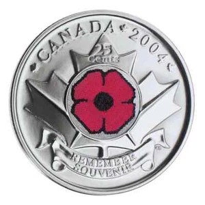 2004 CANADA 25 CENTS POPPY COLORED QUARTER BRILLIANT UNCIRCULATED COIN - Picture 1 of 2
