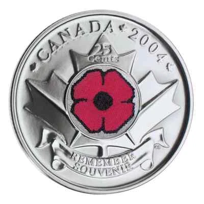 2004 CANADA 25 CENTS POPPY COLORED QUARTER BRILLIANT UNCIRCULATED COIN - Image 1 of 2