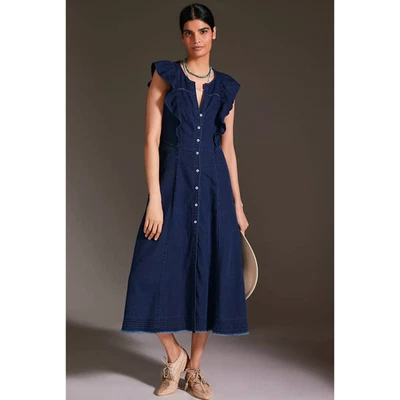 PILCRO Anthropologie Navy Denim Ruffle Collar Button Down Maxi Dress, size 2 - Image 1 of 4