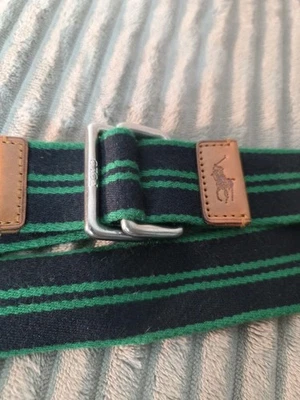 Vintage 90s Ralph Lauren Polo D Ring Belt Navy Blue & Green Stripe 42 Inch - Image 1 of 4
